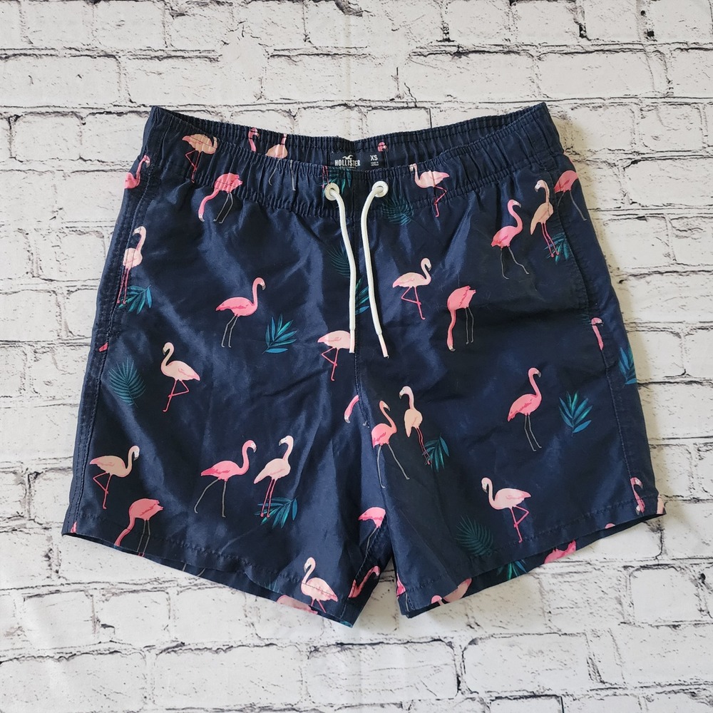 Hollister Mens XS Flamingo Print Swim Trunks Navy Blue Pink Tropical Shorts